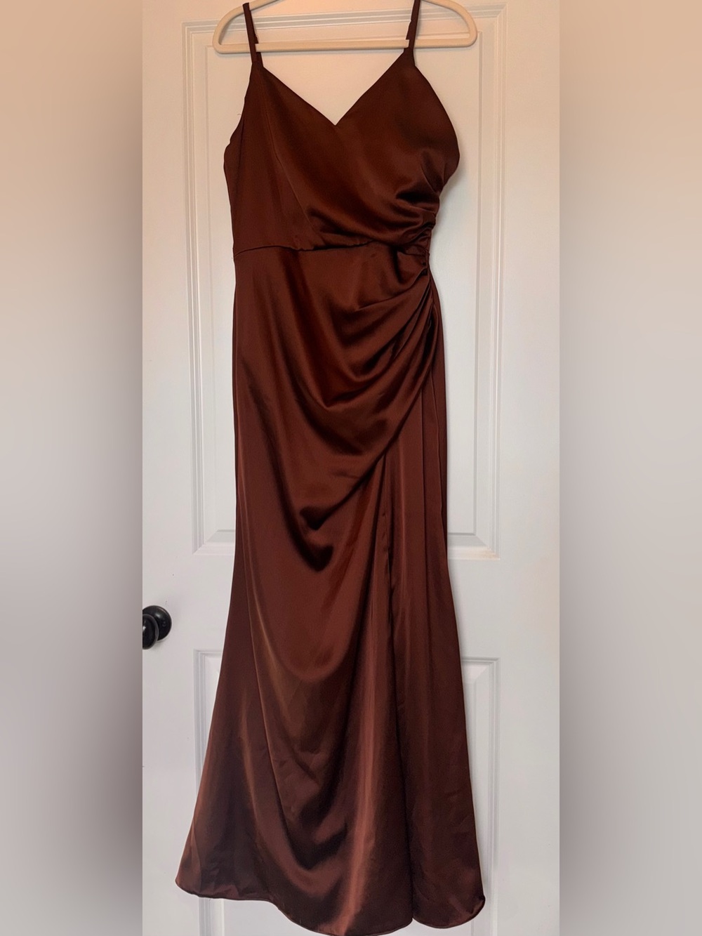 Revelry Satin V-Neck Maxi Gown in Deep Chocolate - Picture 5 of 9